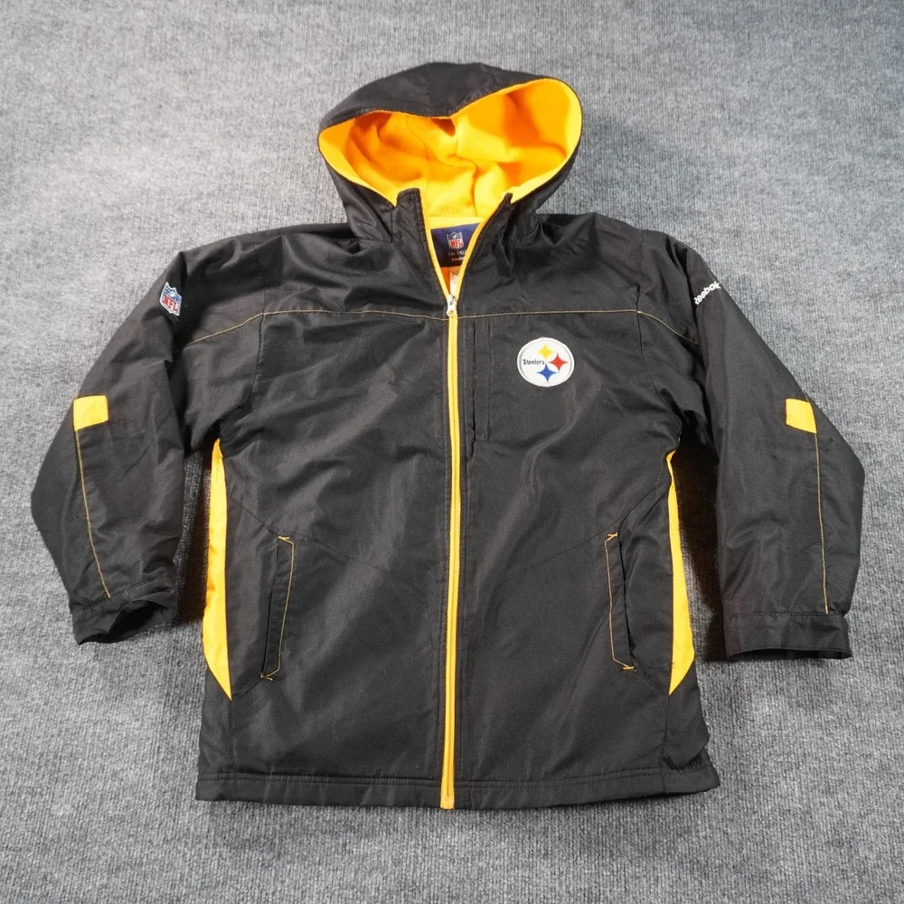 Reebok Pittsburgh Steelers Jacket Youth Large Black NFL Full Zip Hooded Fleece